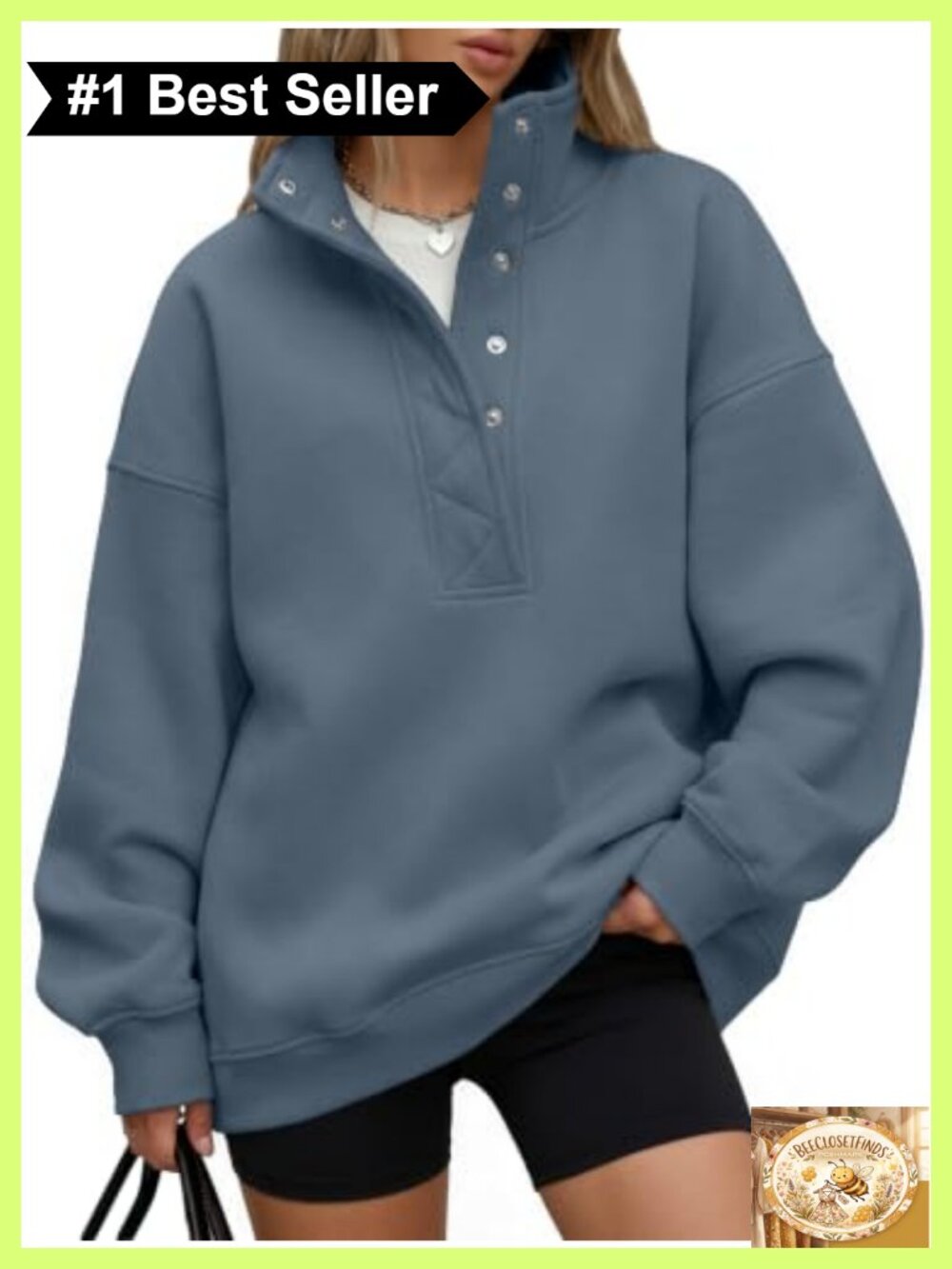 Oversized Henley Snap Button Sweatshirt Soft Fleece Pullover